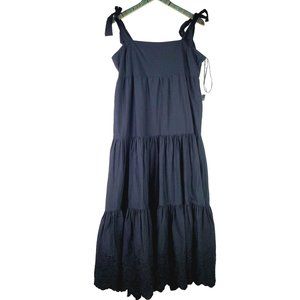 Jason Wu Black Tiered Midi Dress w/ Eyelet Hem & Tie Shoulders, Sz XL, NWT